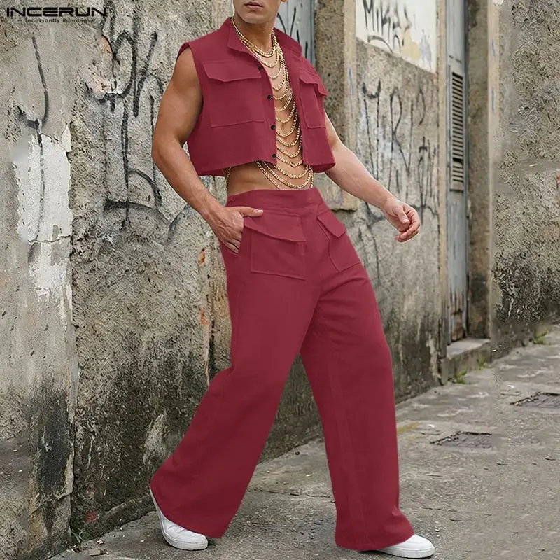 Men'S Fashion Loose Pants - INCERUN Set Pria Atasan Crop Tanpa